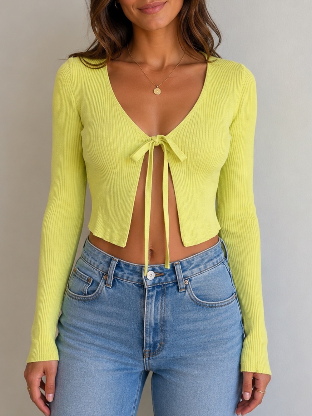 ZARA LIME GREEN TIE FRONT CROPPED CARDIGAN TOP | RIBBED KNIT | Y2K | SIZE SMALL